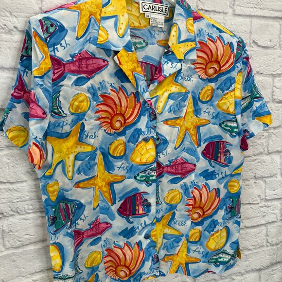 Vintage Womens Carlisle Silk Short Sleeve Blouse Size 16 Blue Tropical Shells - Picture 2 of 5